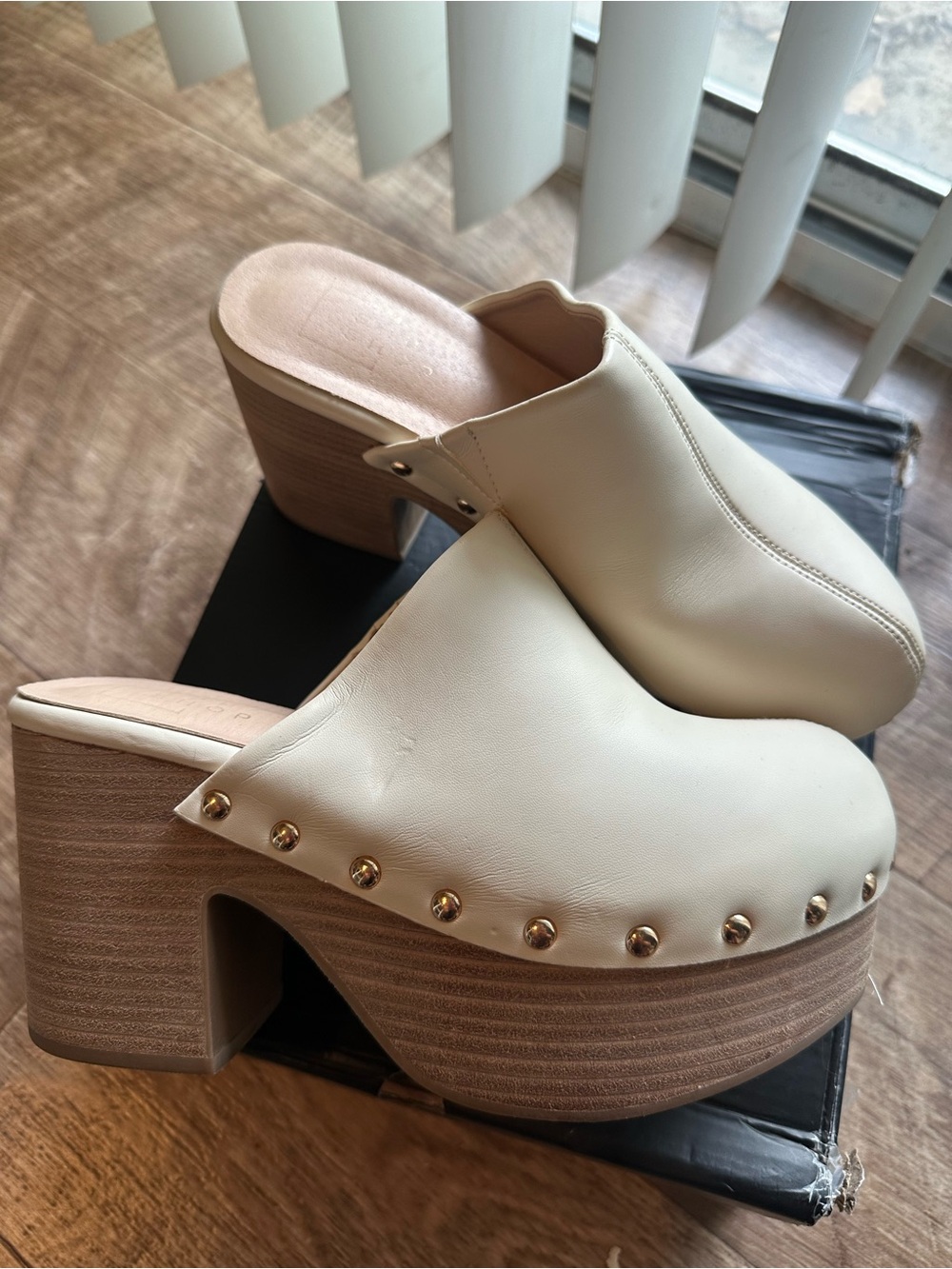 ShuShop Cream Platform Clog Mules with Gold Studs